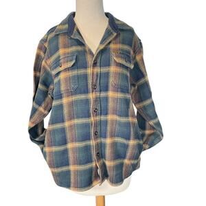 ORVIS Men's Flannel Shacket Jacket Blue Tan Plaid 100% Cotton Size Medium Thick